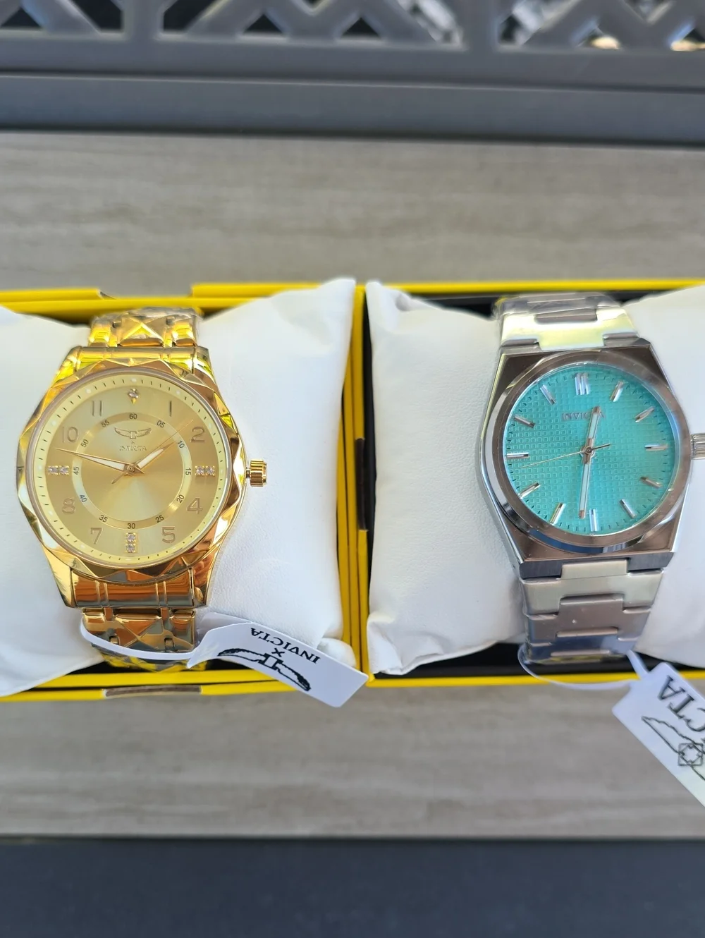 743. Pair Of Invicta Men's Gold and Silver/Aqua Watch Set